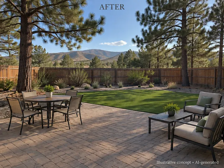 After view of the Miller backyard with paver patio, turf, table, and lounge chairs; illustrative AI-generated concept