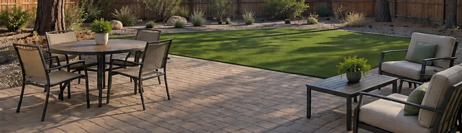 Finished Miller backyard with paver patio, turf, outdoor table, and lounge chairs; illustrative AI-generated concept