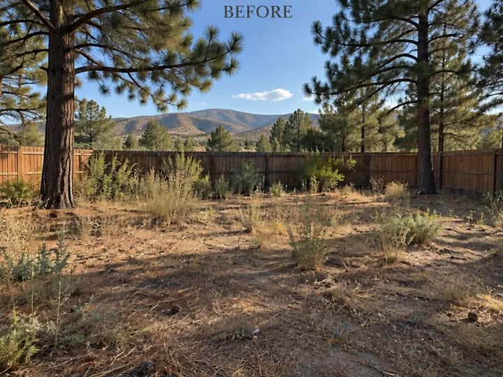 Before view of the Miller backyard with overgrown ground cover and sparse high-desert planting